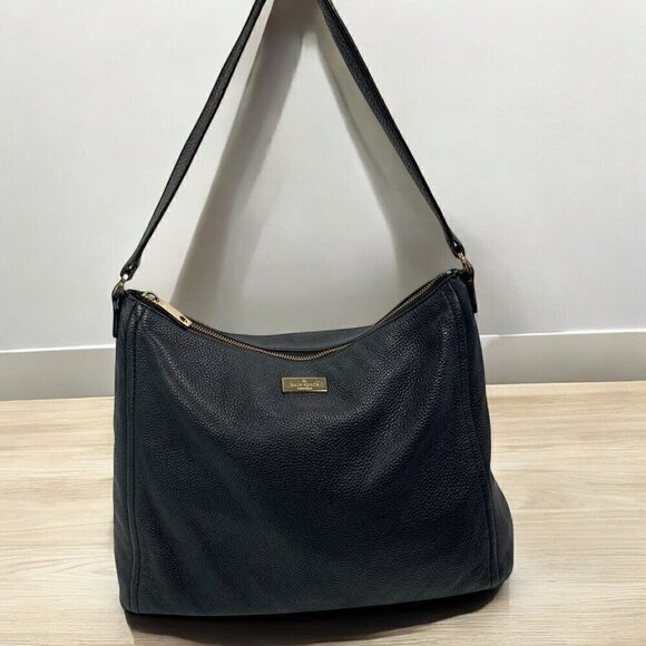 Kate Spade Black Leather hobo Shoulder Bag Pink Jacquard Lining WKRU3028 - Picture 13 of 16